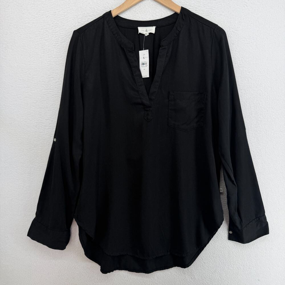 LOU & GREY Top M Split V-Neck Roll Tab Sleeve Blouse Twill Viscose Black NEW